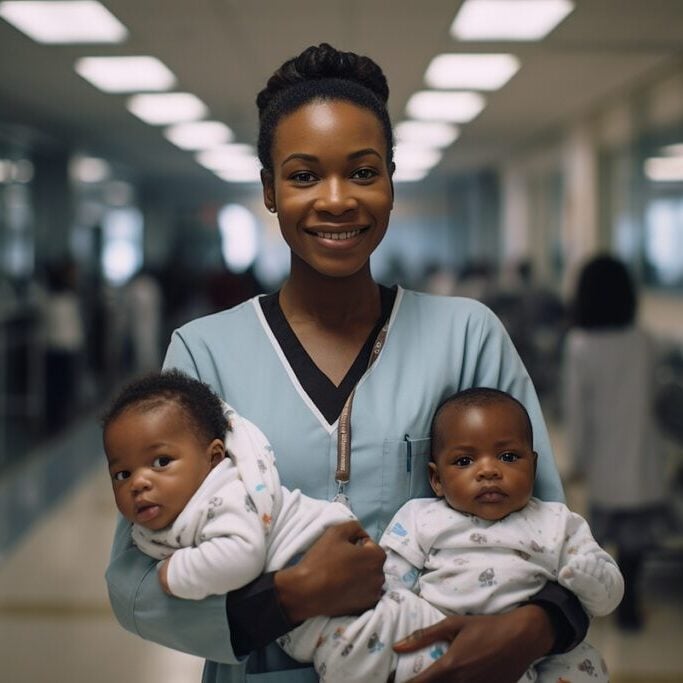Portrait of a smiley young woman with a twins in a hospital corridor.